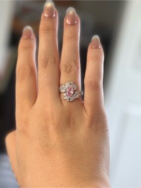 Pink Stone Silver-Tone Leaf Cocktail Ring - Women's Jewelry